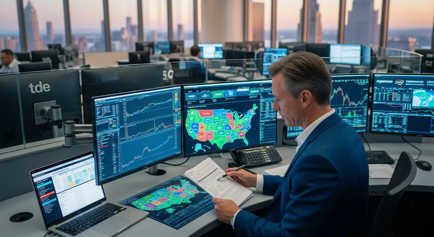 Financial analyst reviewing online casino market data and US regulatory maps on trading floor.