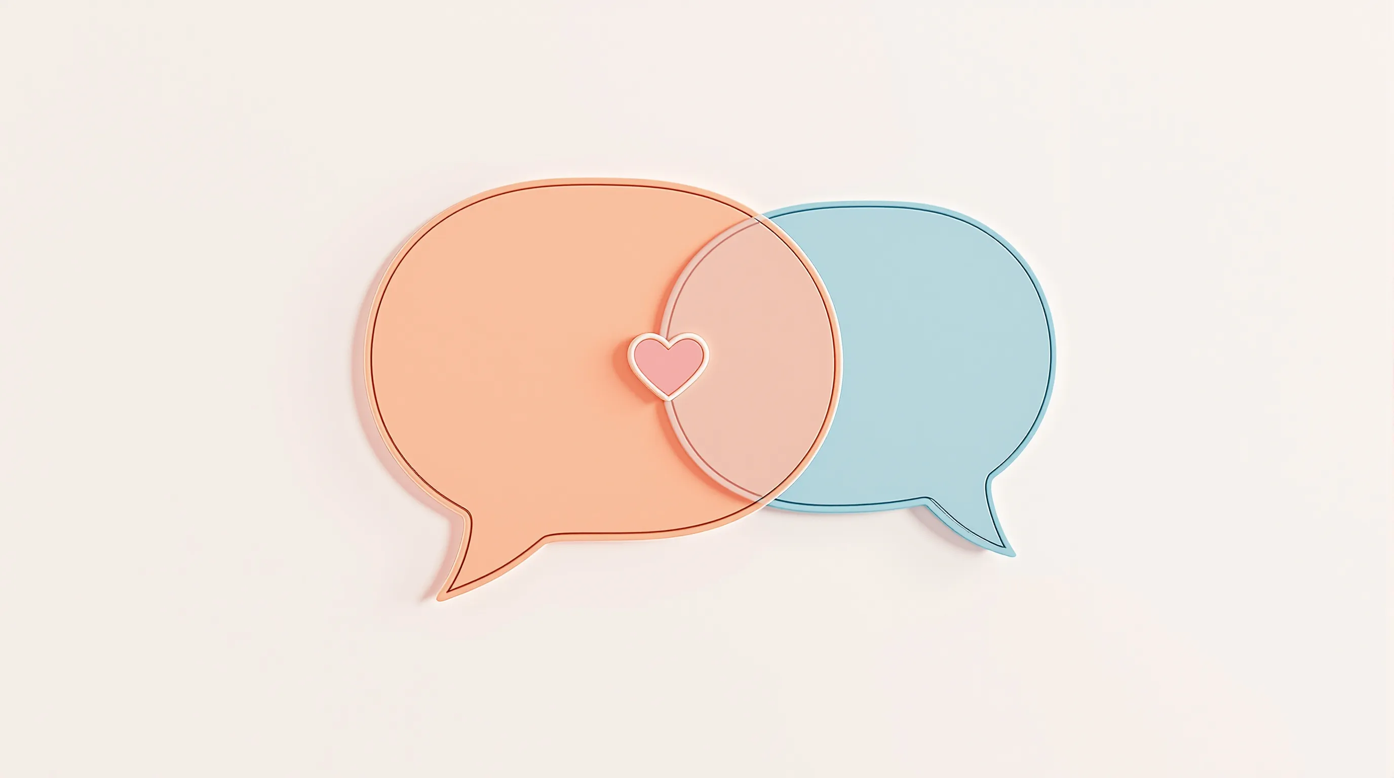 two speech bubbles with a heart icon showing warm messages between friends