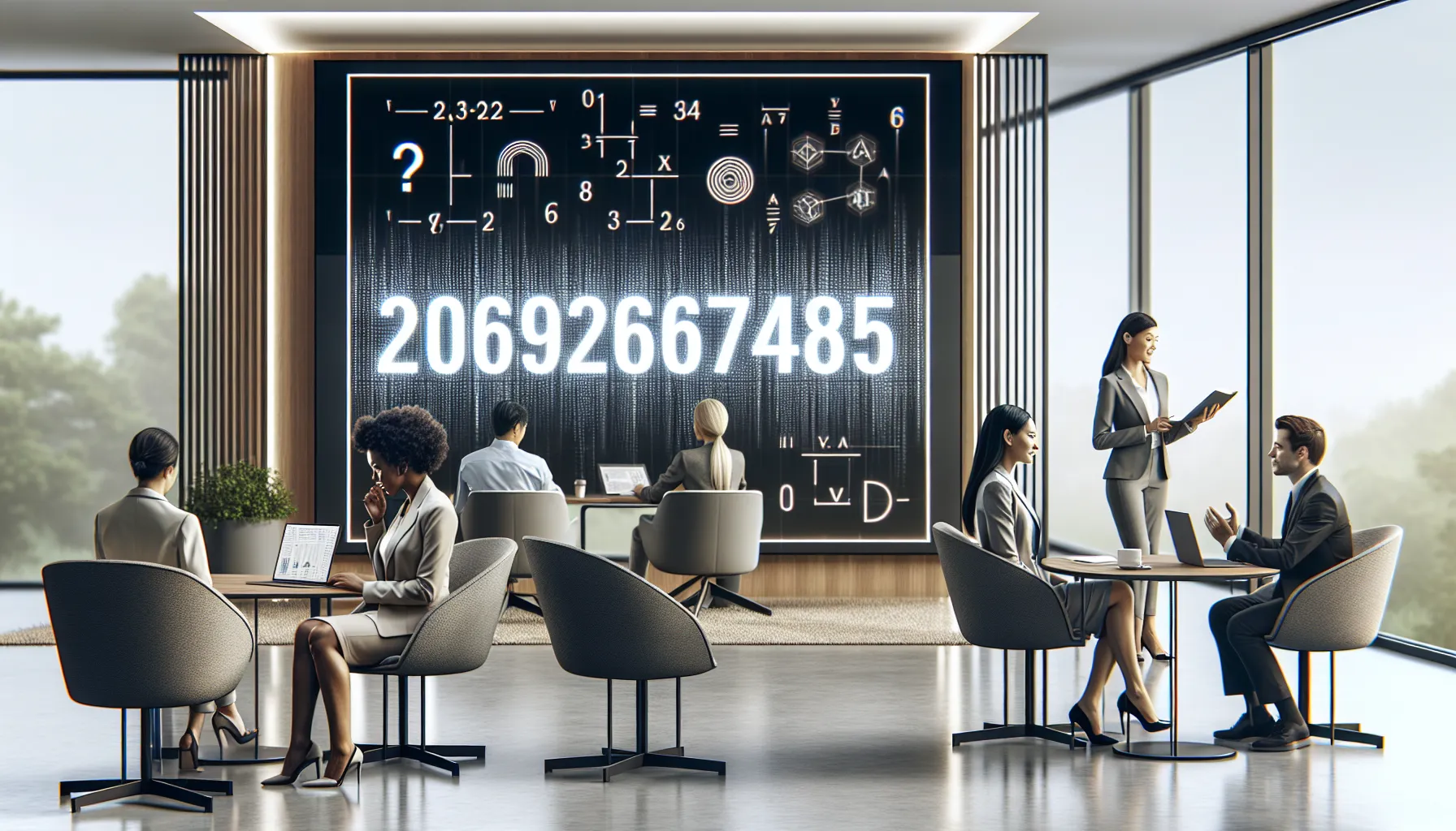 professionals analyzing the significance of the number 2069267485 in an office.