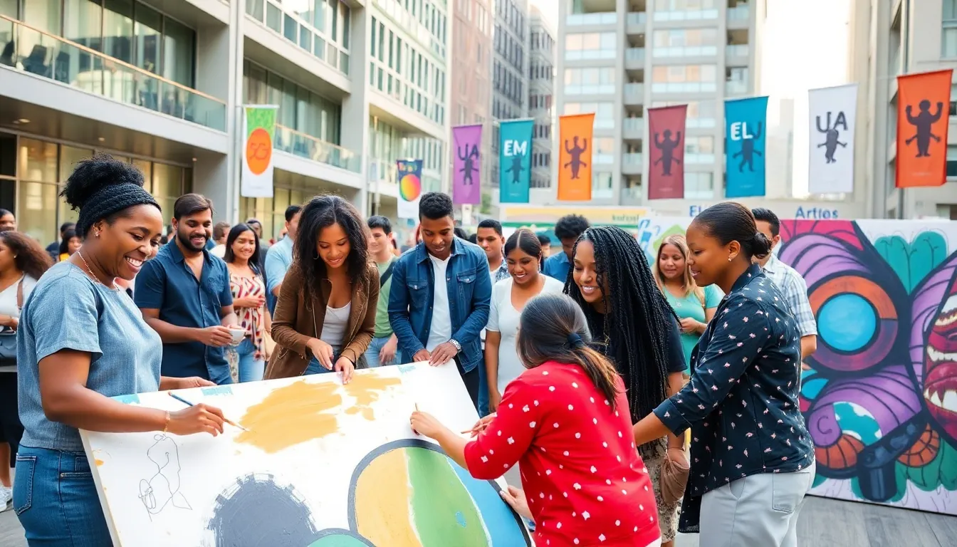 diverse group collaborating on art in a vibrant urban setting.