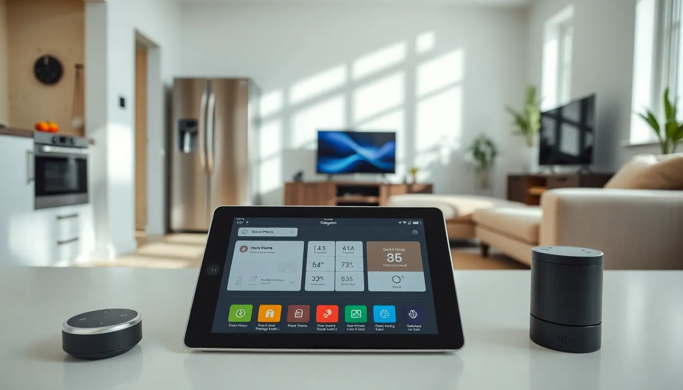 Modern living room with Amazon smart home devices in use.