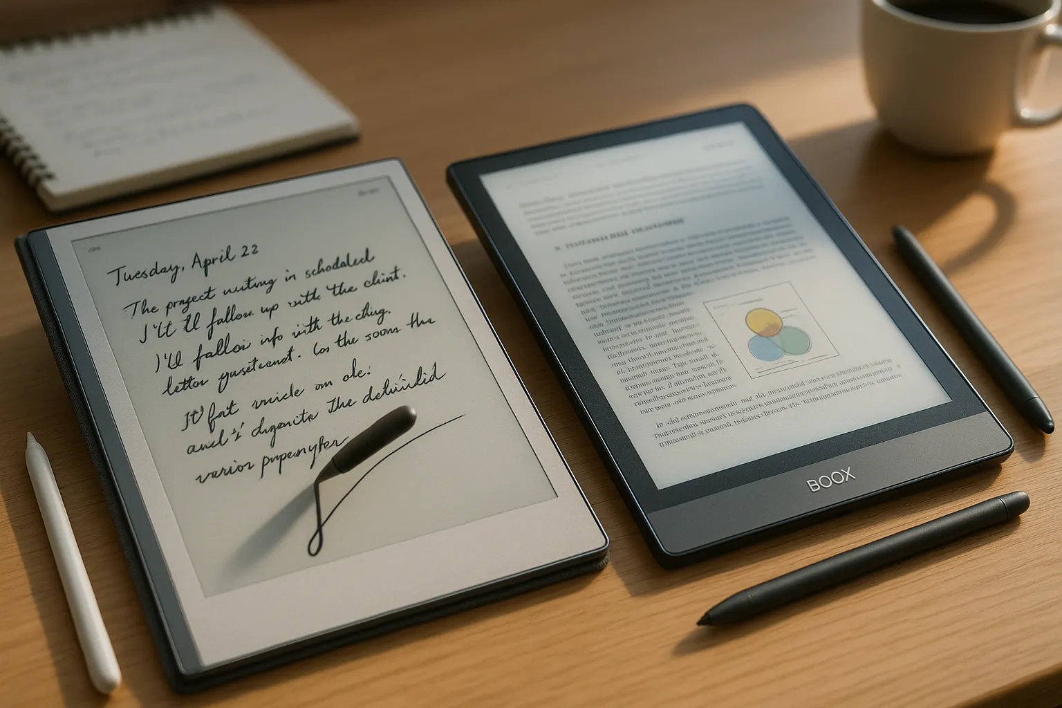 Two e-ink tablets side-by-side showing pen-on-screen writing differences.