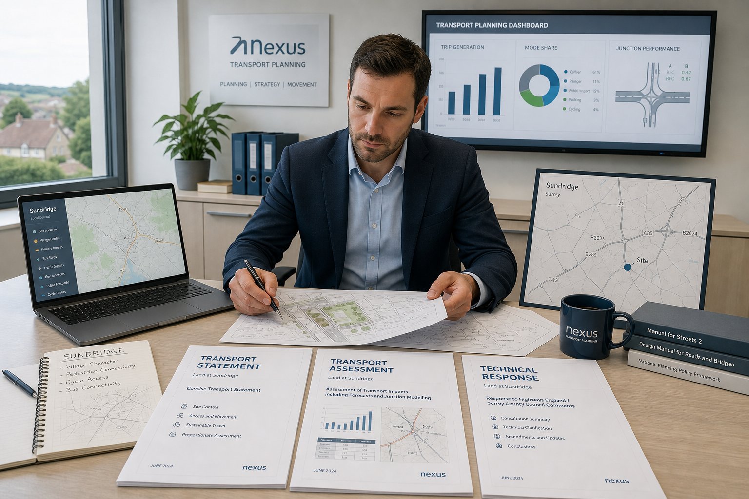 Traffic engineer reviewing transport planning reports in a modern UK office.