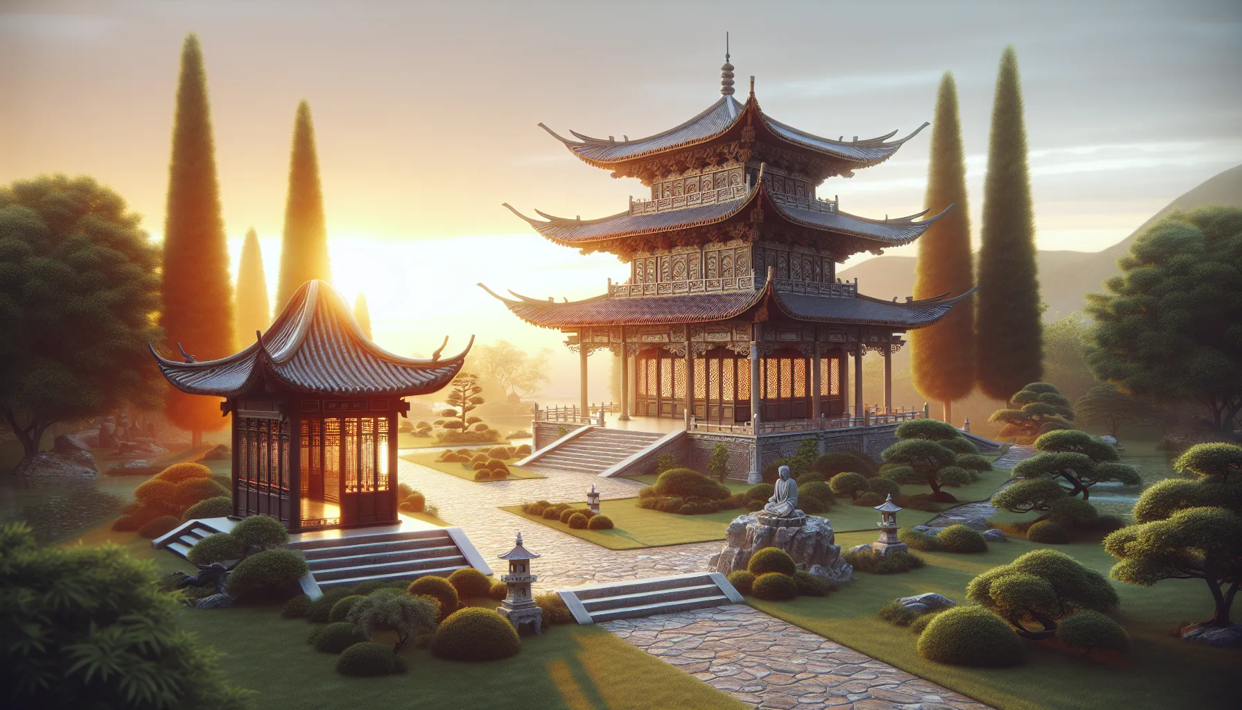 A pagoda and Zen garden under a sunrise, symbolizing Chinese and Japanese legacies.