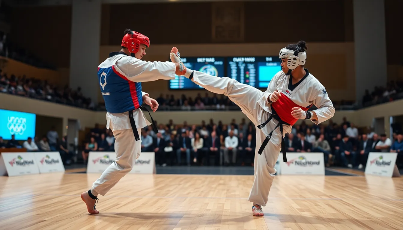 taekwondo athletes engaging in a competitive match.