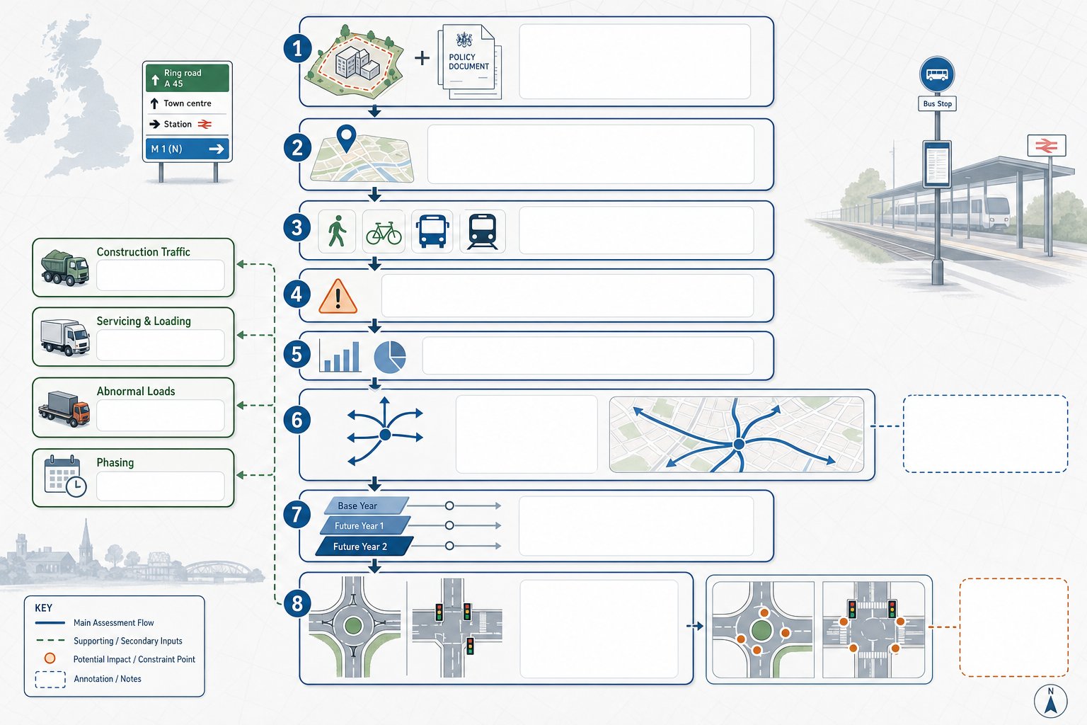 Infographic of the main stages in a UK transport assessment.