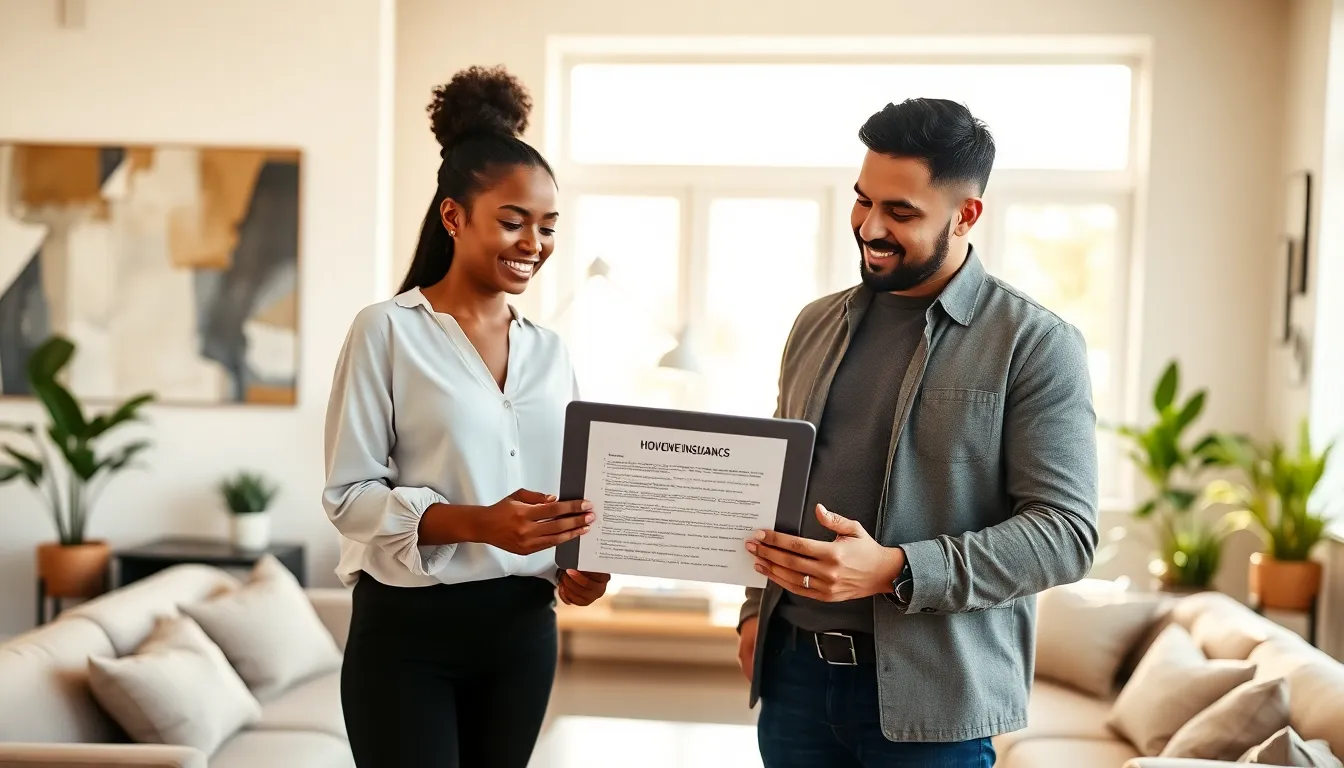first-time homeowners discussing insurance options in a modern living room.