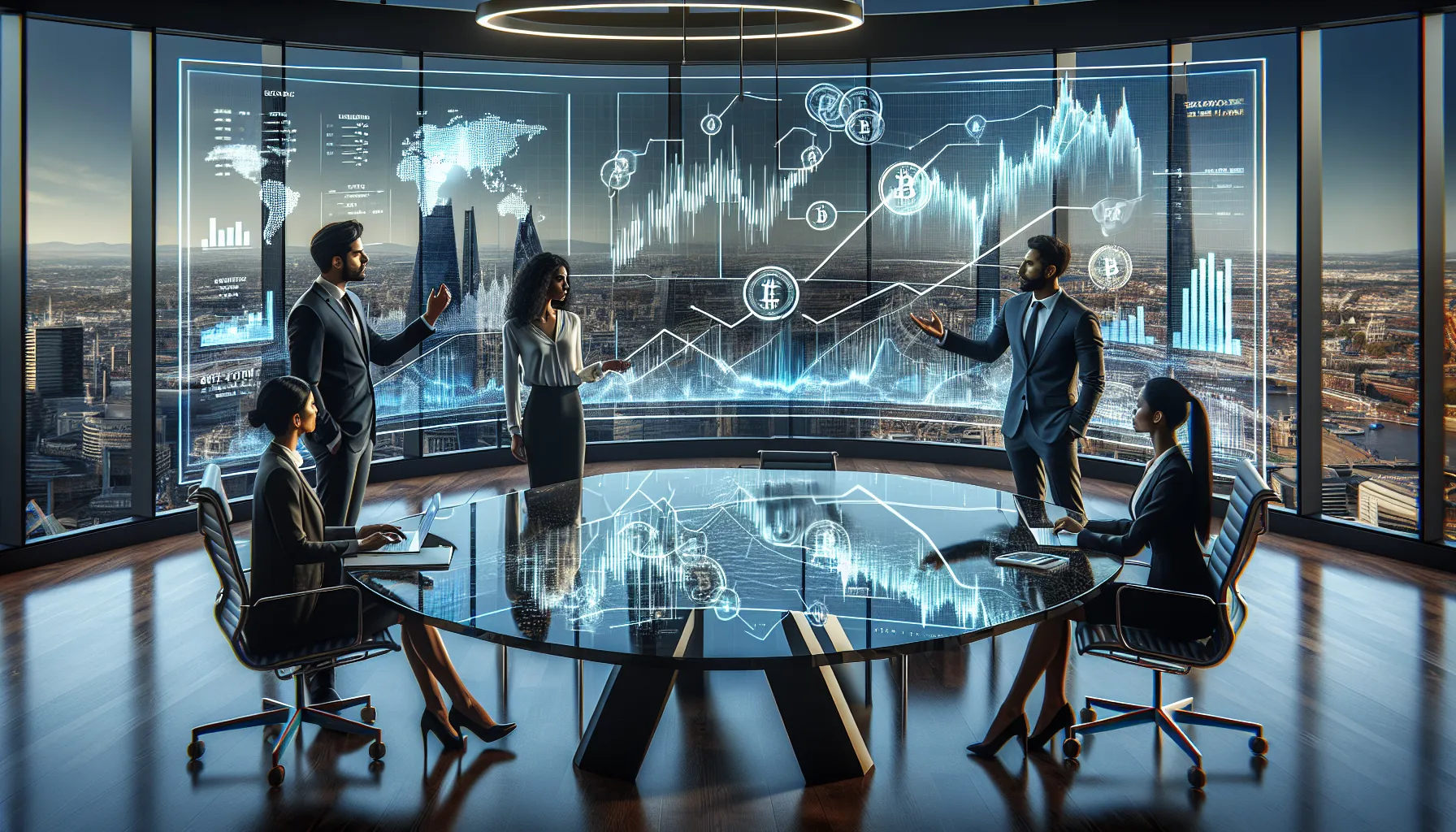 Financial analysts reviewing Litecoin price forecasts on digital screens in modern office.