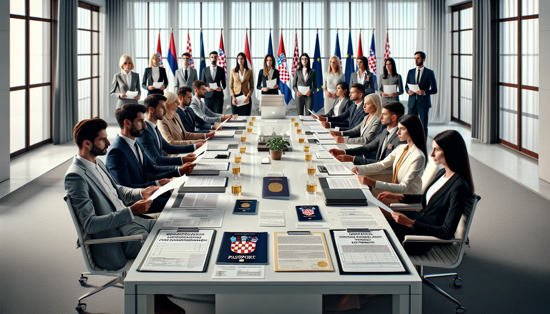 Diverse Croatian citizens discussing nationality documentation in government office setting