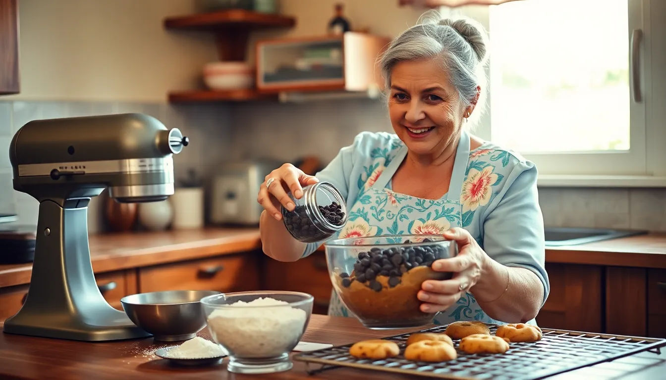 an elderly woman baking cookies in a cozy kitchen filled with sunlight.