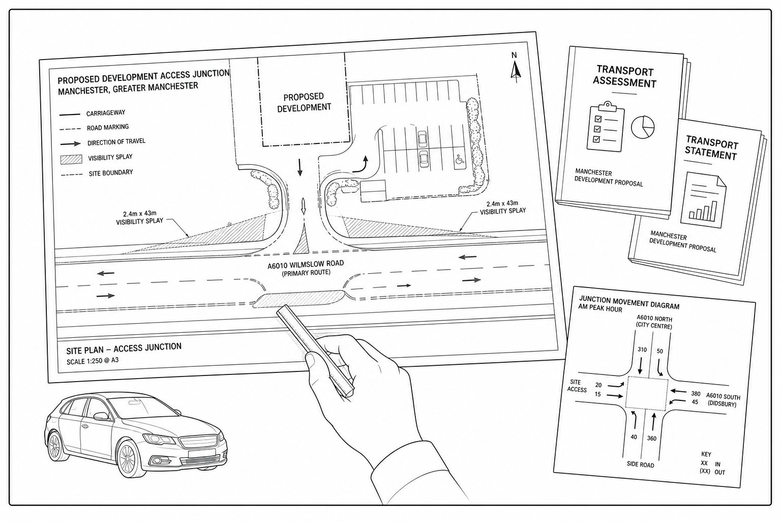 Highway engineer reviewing site access and transport planning documents.