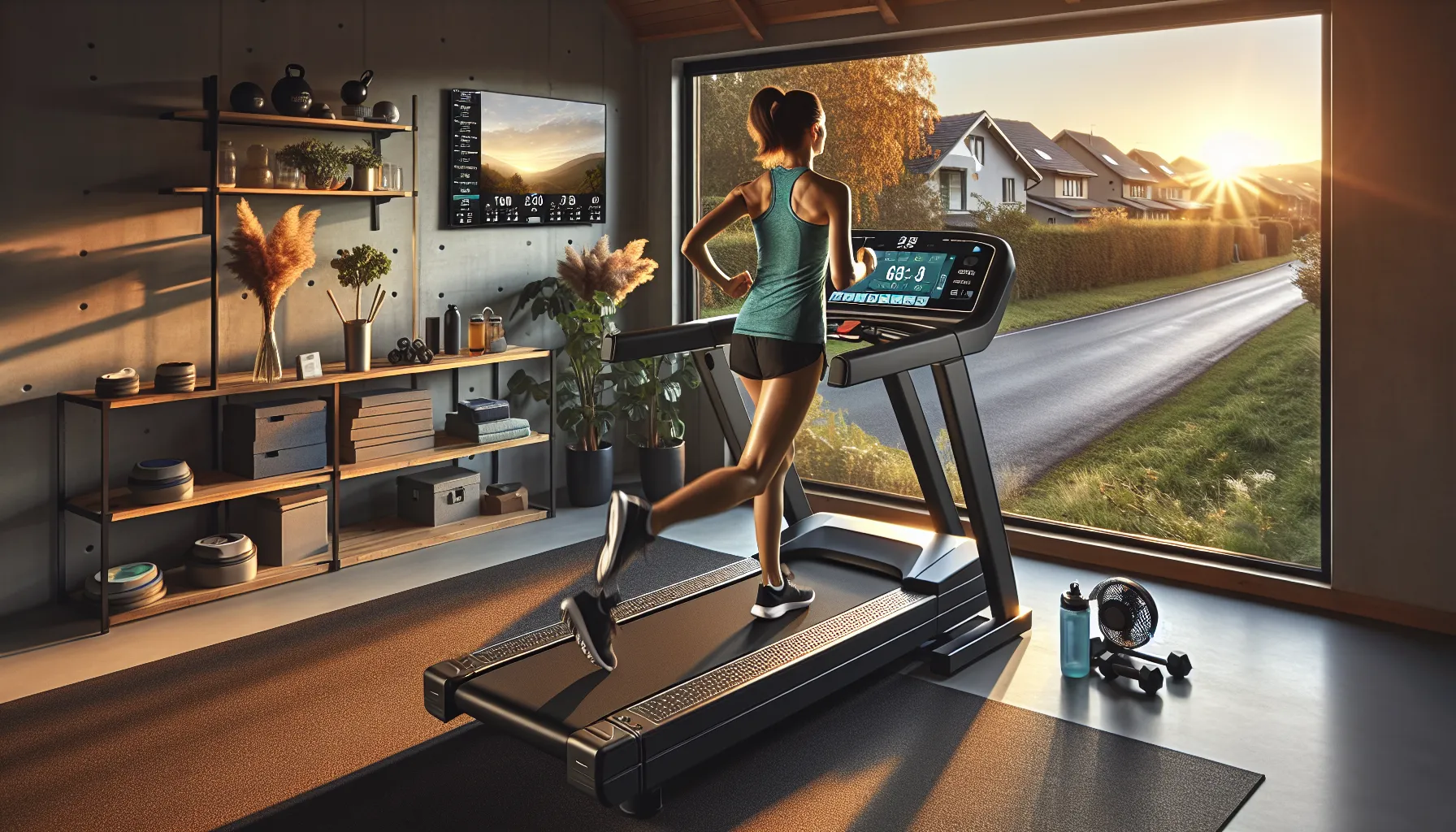 Marathoner running on a premium incline treadmill in a sunlit home gym.