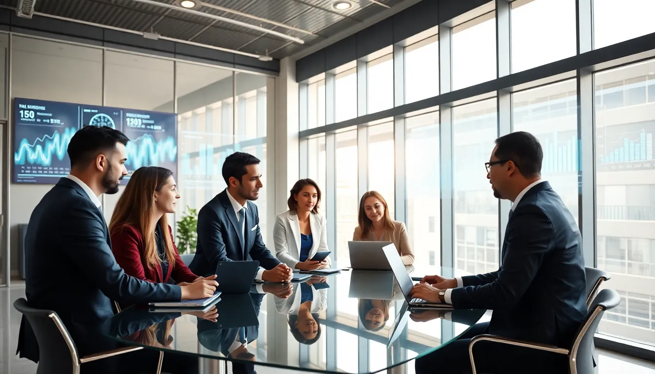 diverse professionals collaborating in a modern office setting.