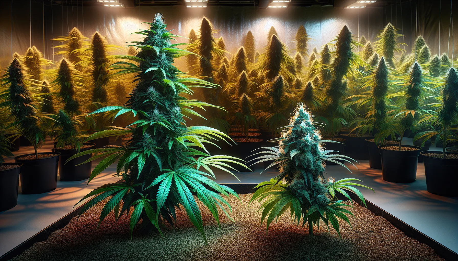 two cannabis plants showing male and female characteristics indoors.