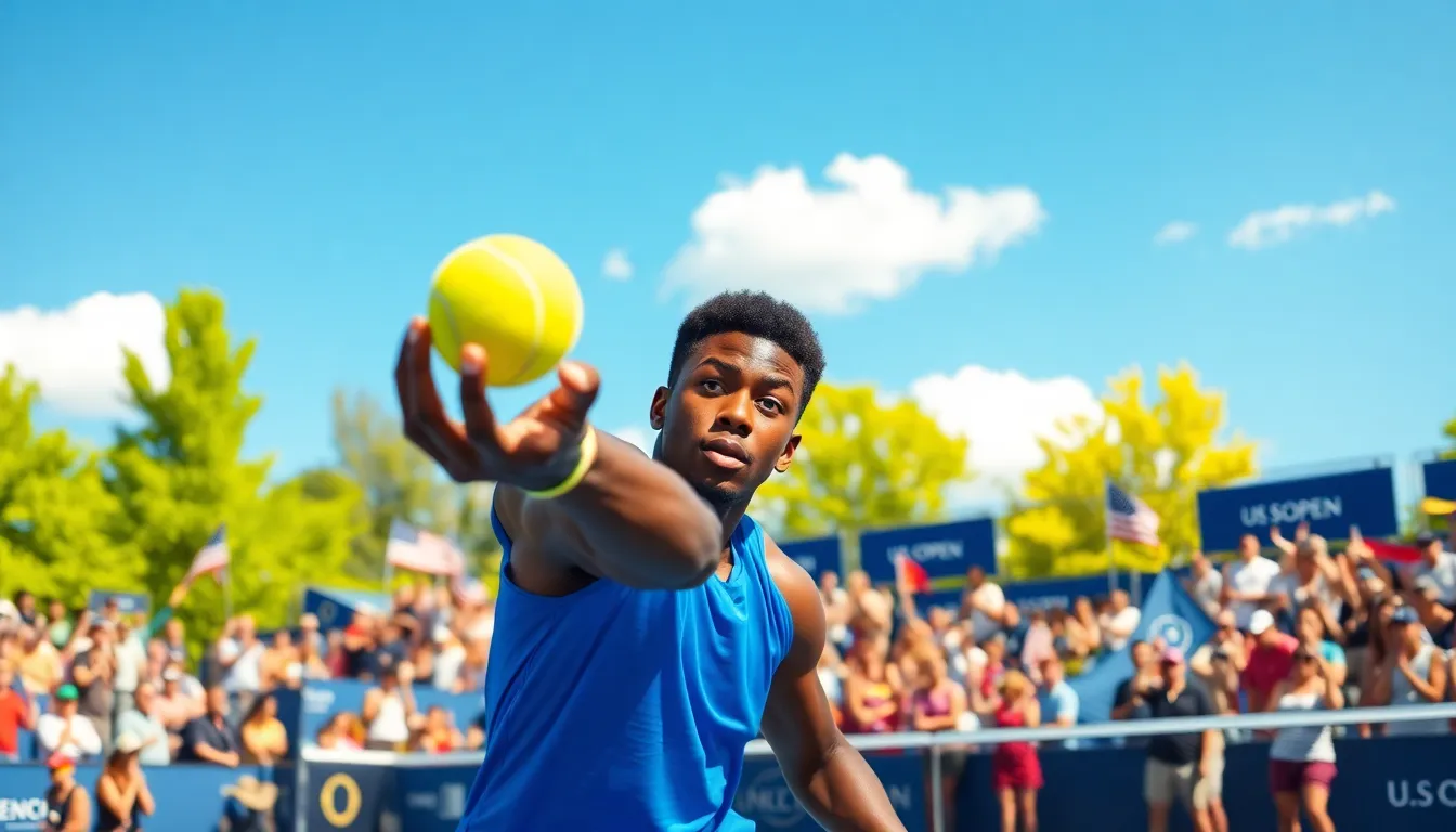 a young Black male tennis player serving the ball on a vibrant hard court.