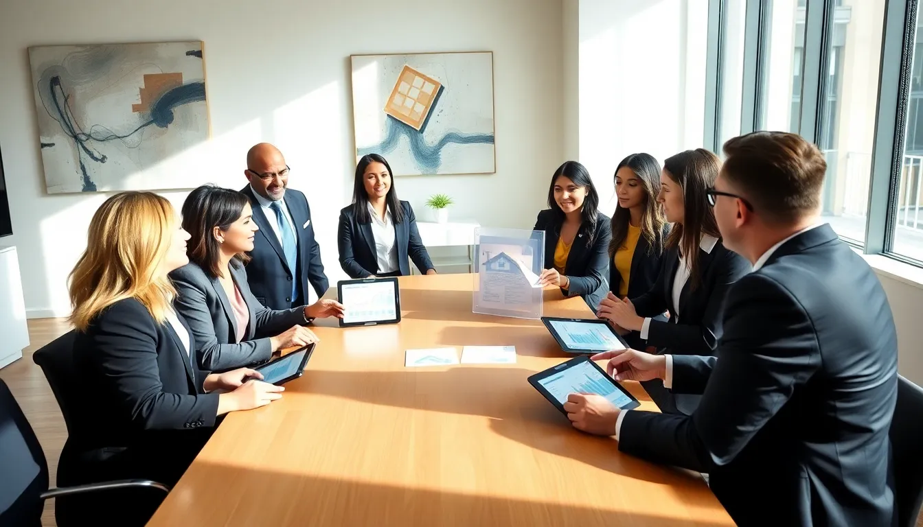 real estate professionals discussing earnest money in a modern office.