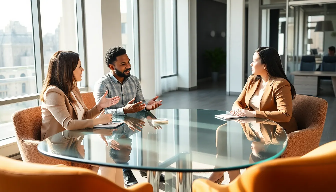 diverse professionals discussing relationship advice in a modern office.