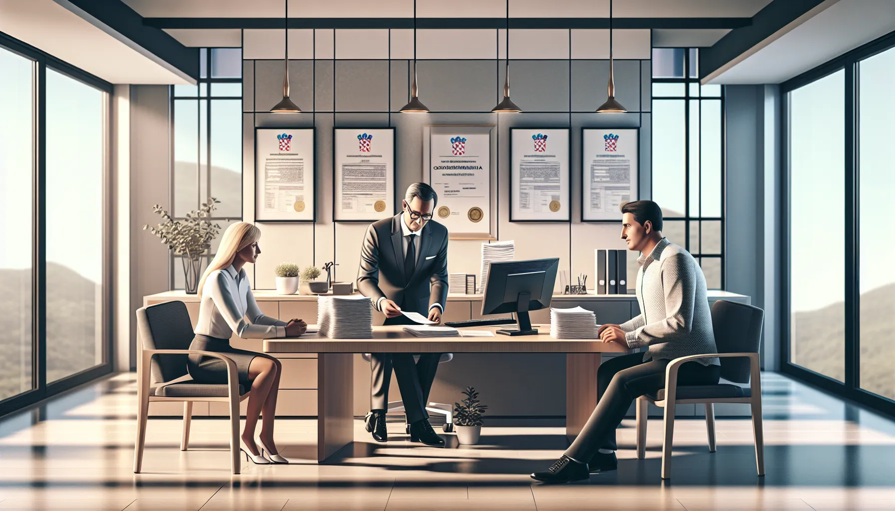 Croatian parents consulting with tax advisor about child tax documentation in modern office.