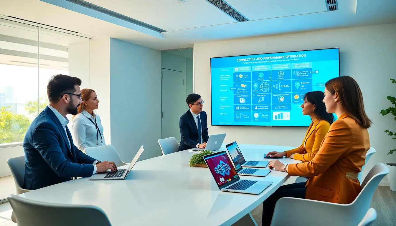 diverse professionals discussing technology in a modern office.