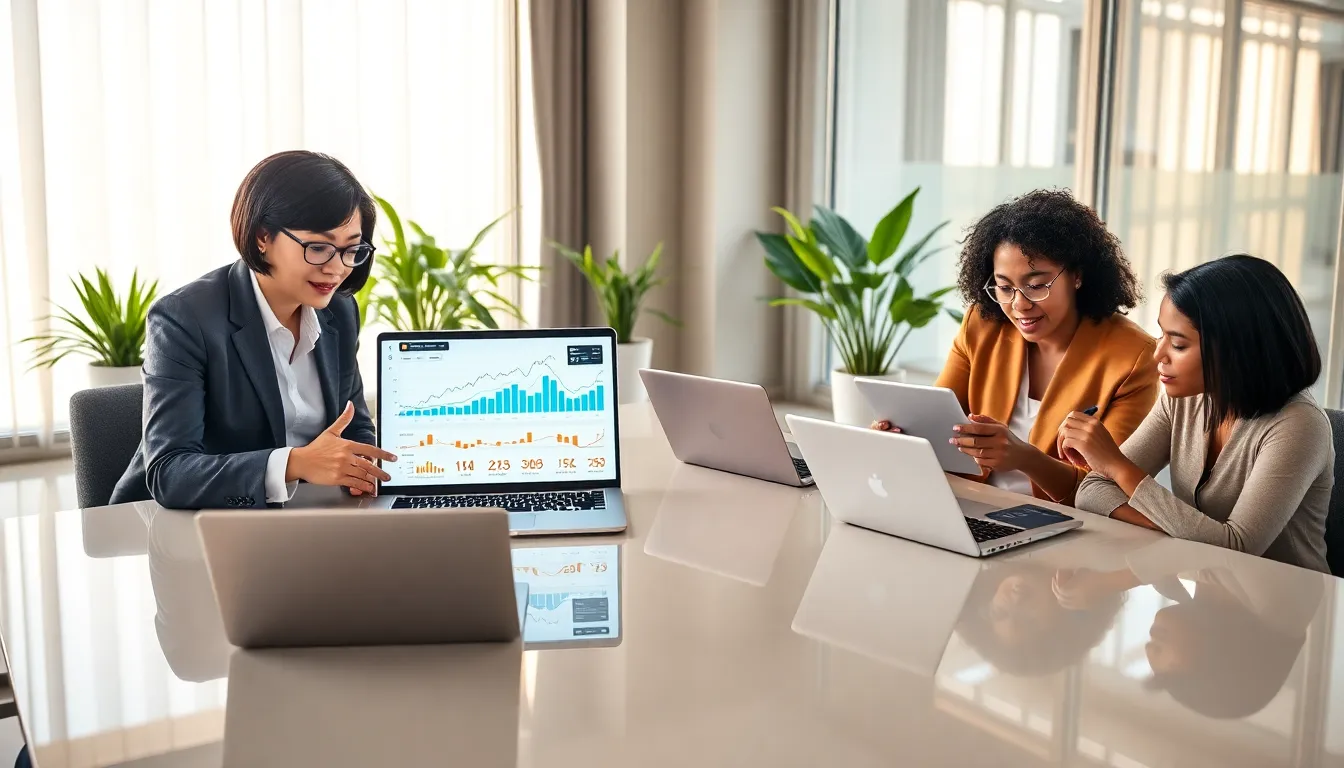 diverse team collaborating in a modern office discussing cryptocurrency data.
