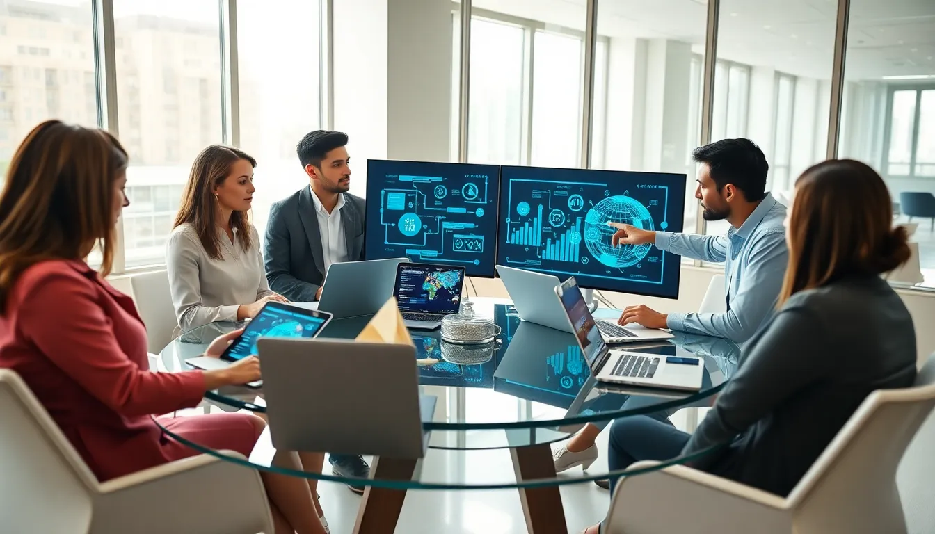 diverse team discussing Internet of Things in a modern office.