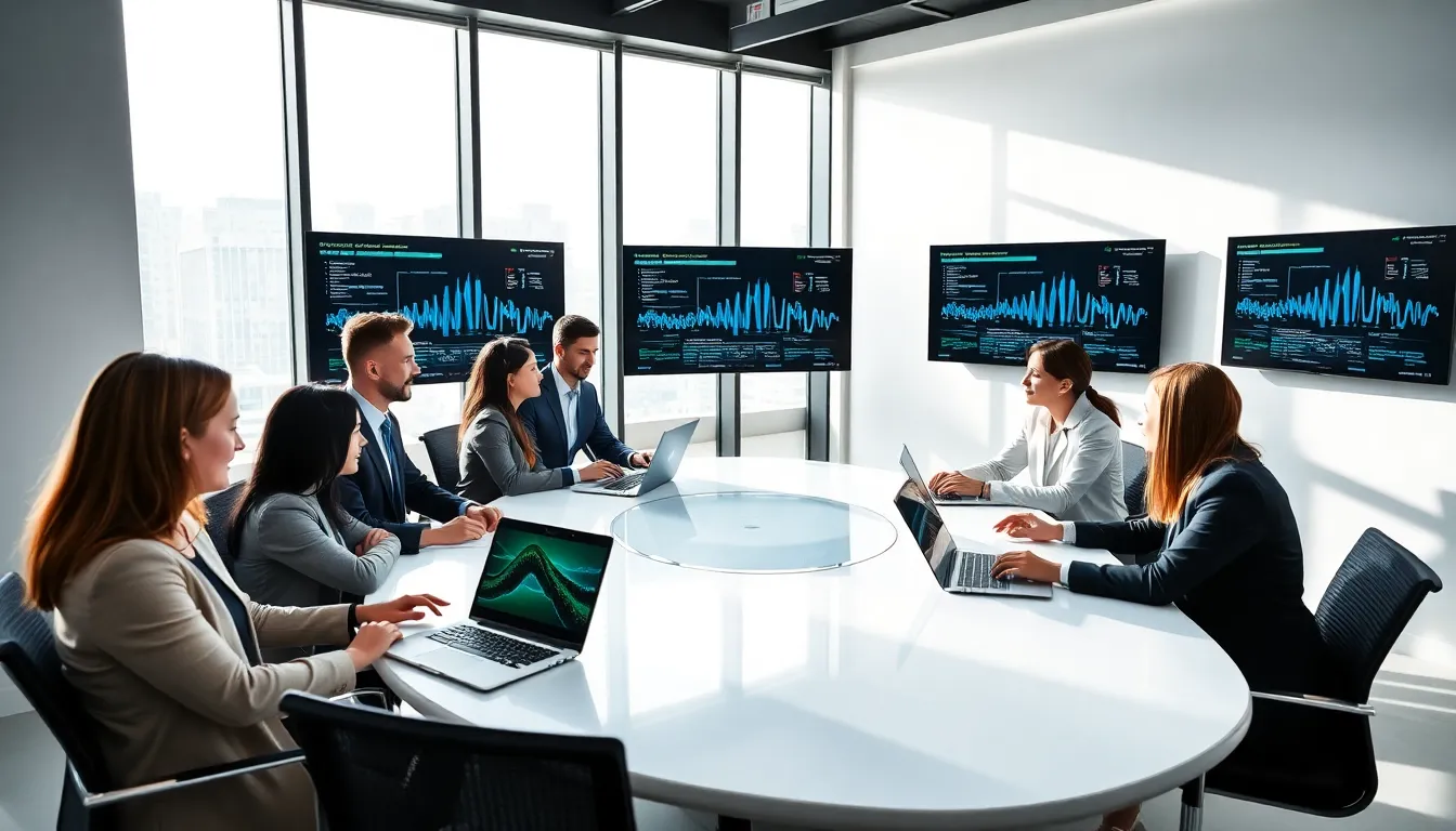 diverse team discussing data modulation in a modern office.