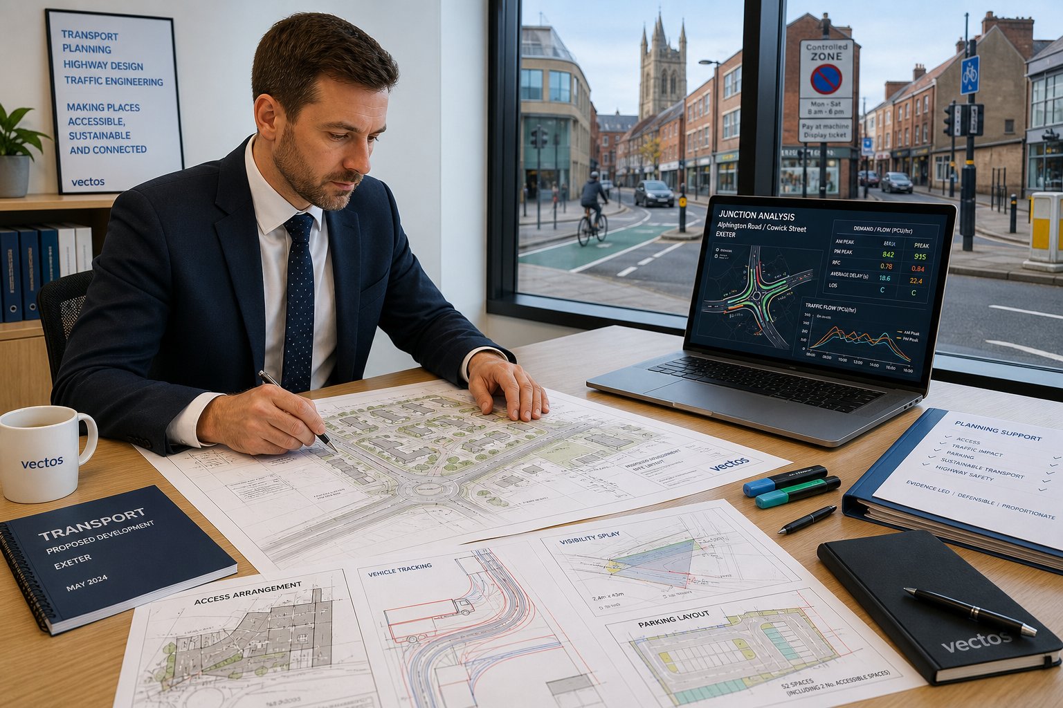 Traffic engineer reviewing planning and transport documents in a modern Exeter office.