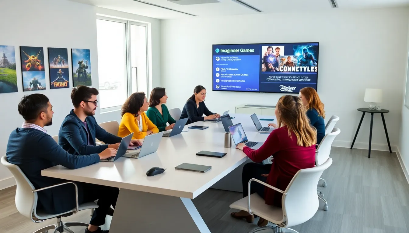 diverse team of game developers collaborating in a modern office.