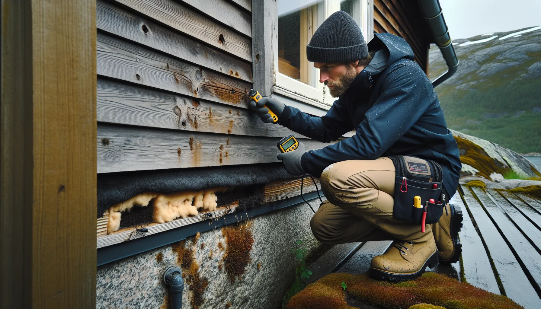 Carpenter tests soft, discolored siding; condensation and bore dust indicate moisture damage.