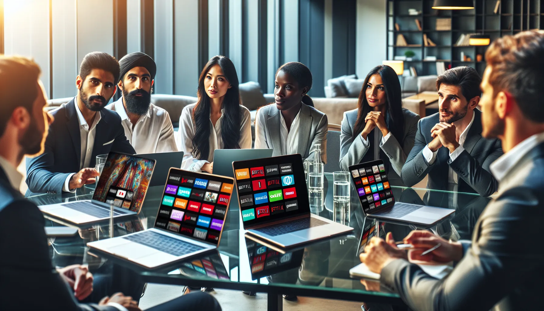 diverse team discussing streaming platform alternatives in a modern office.