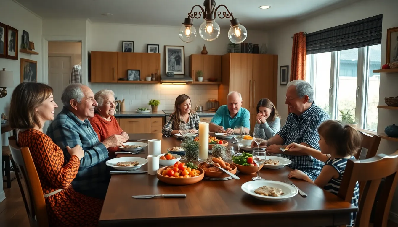 Italian family gathered around a dining table sharing a meal.