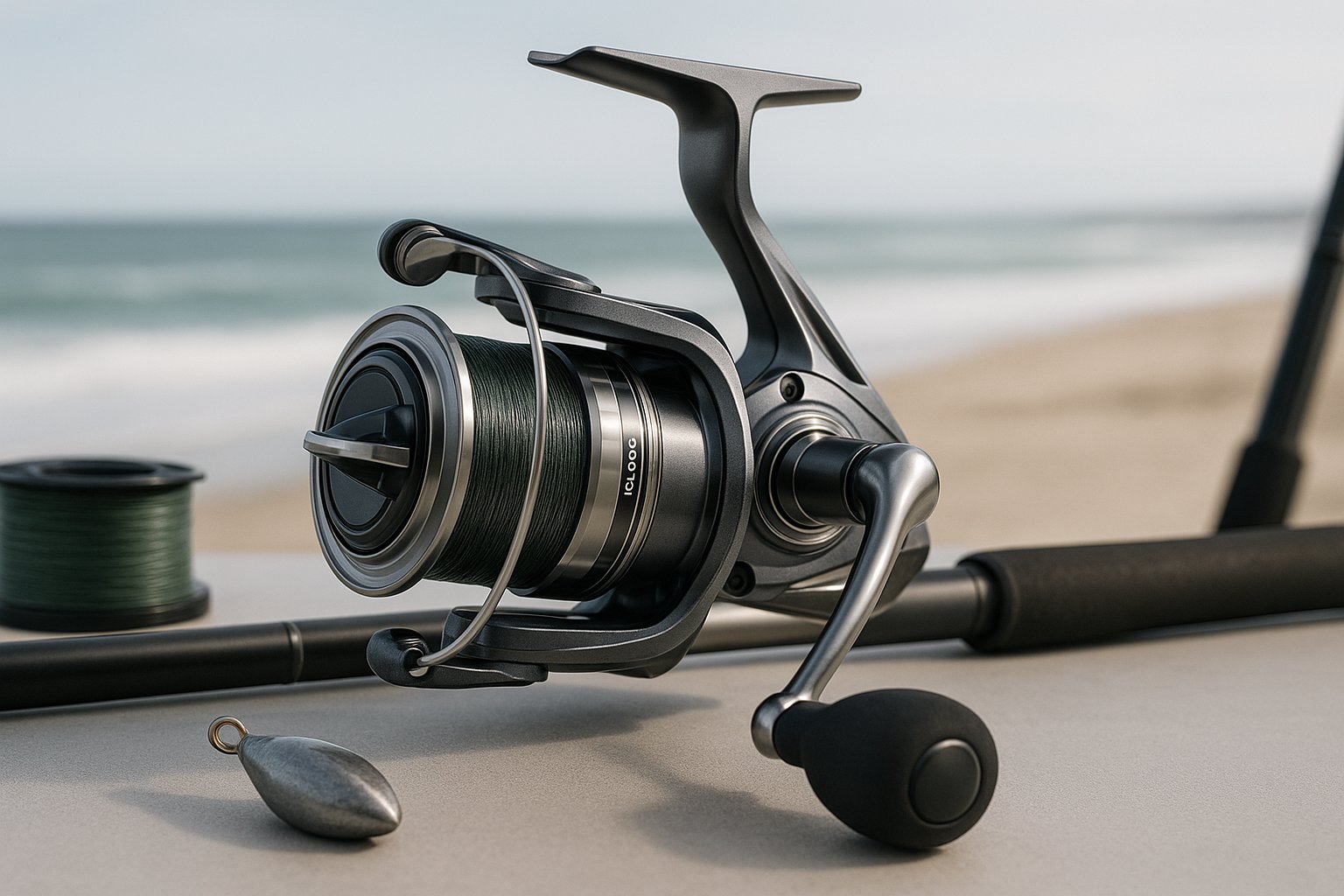 Spinning reel for shore fishing with surf gear near the coast.
