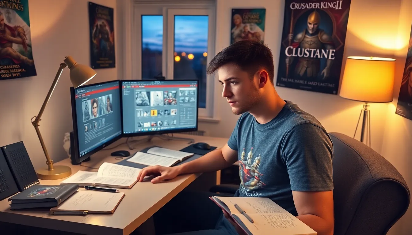 a gamer using CK2Generator on his computer in a cozy room.
