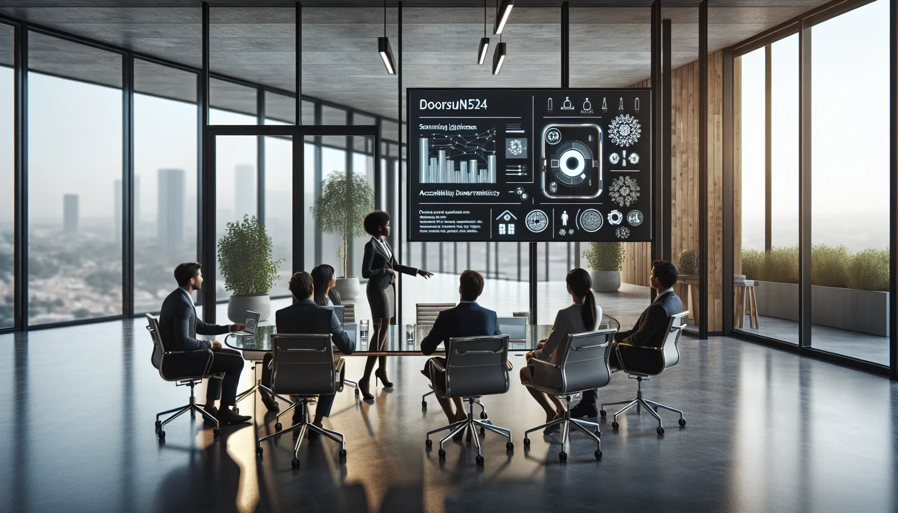 diverse team discusses Doorsun1524 performance in a modern office.