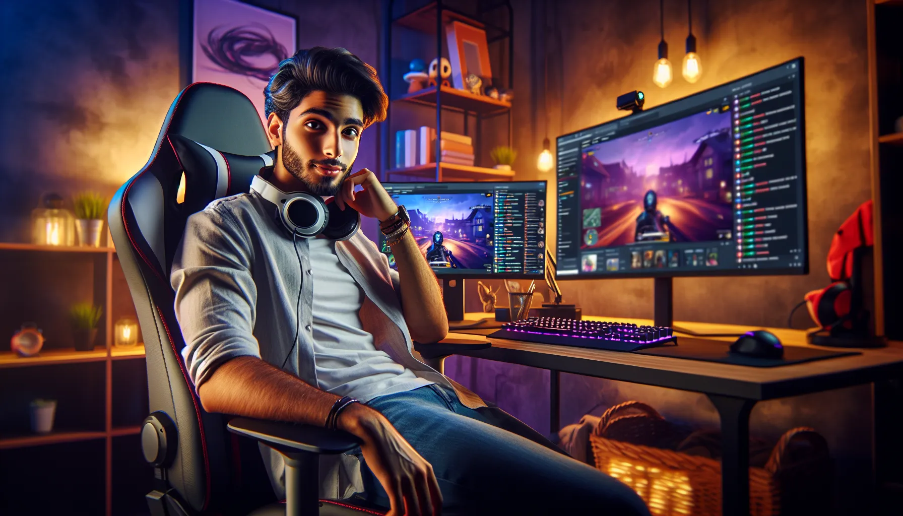 Gamer streaming in a cozy setup with dual monitors.