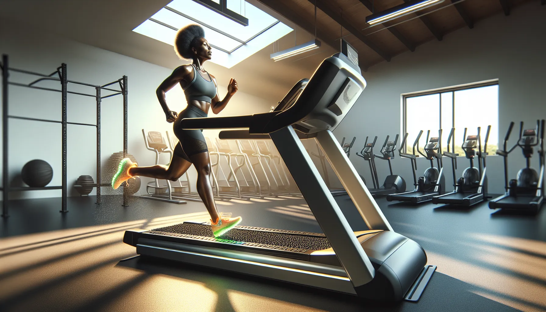 Heavier runner compresses thick treadmill deck; stable console on slight incline.