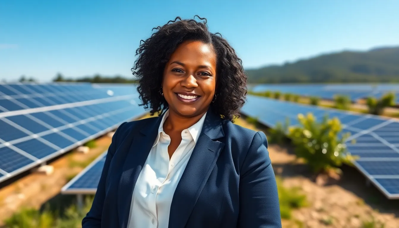 Peggy L. Carlton standing confidently at a solar farm, embodying sustainable energy leadership.