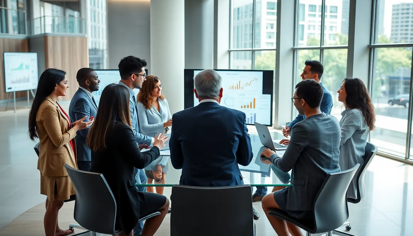 diverse professionals discussing society and culture in a modern office.