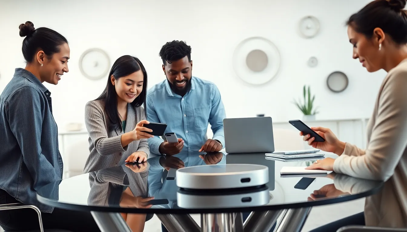 professionals collaborating around the Boffiiee15 device in a modern office.