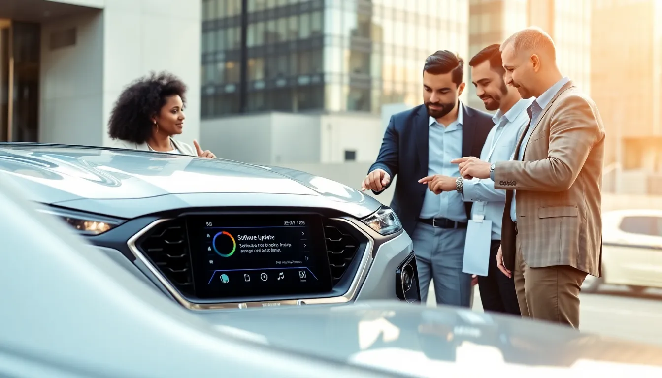 diverse professionals discussing Hyundai software updates near a modern vehicle.