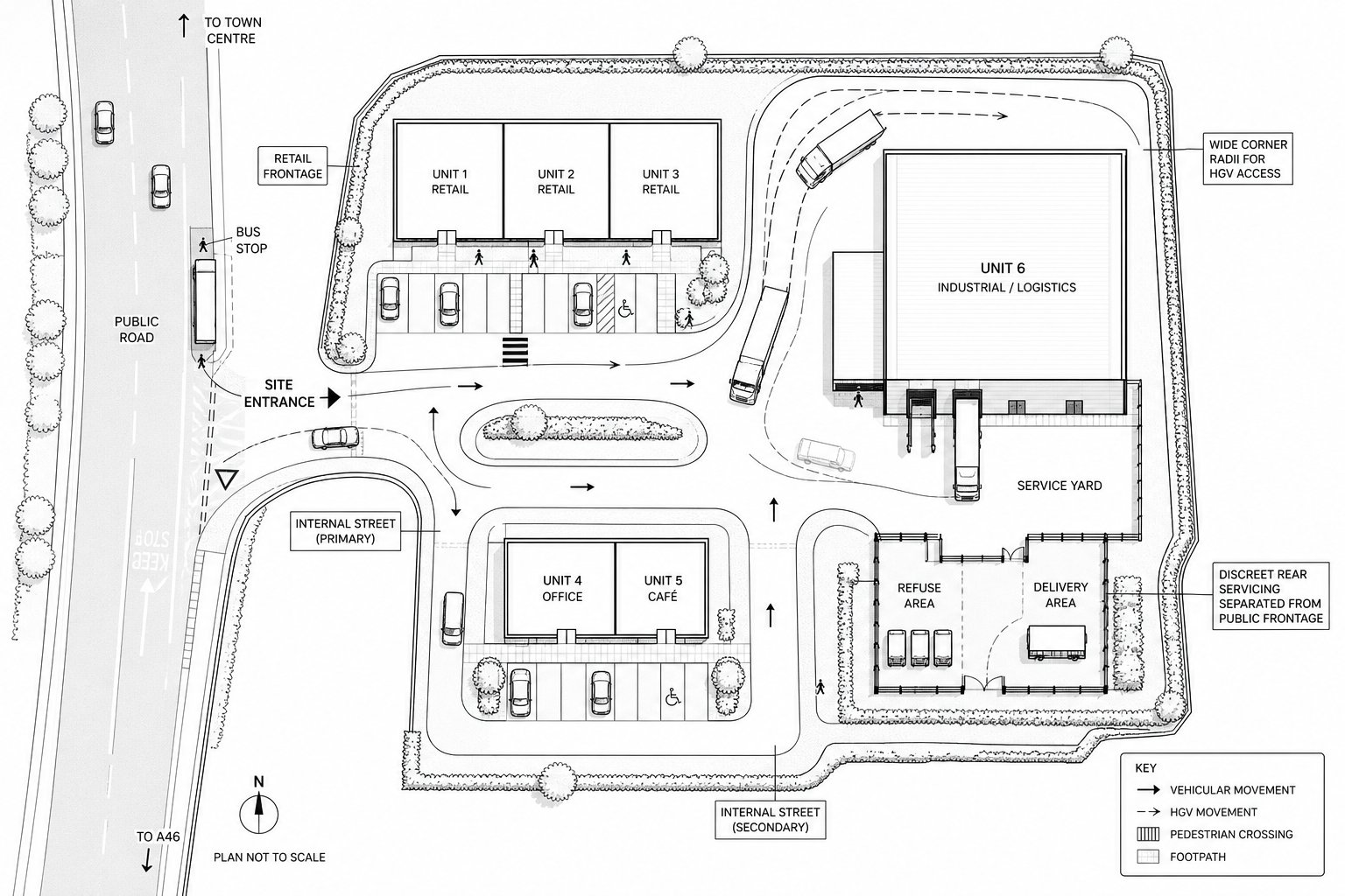 Commercial site layout showing retail, logistics, and service access design.