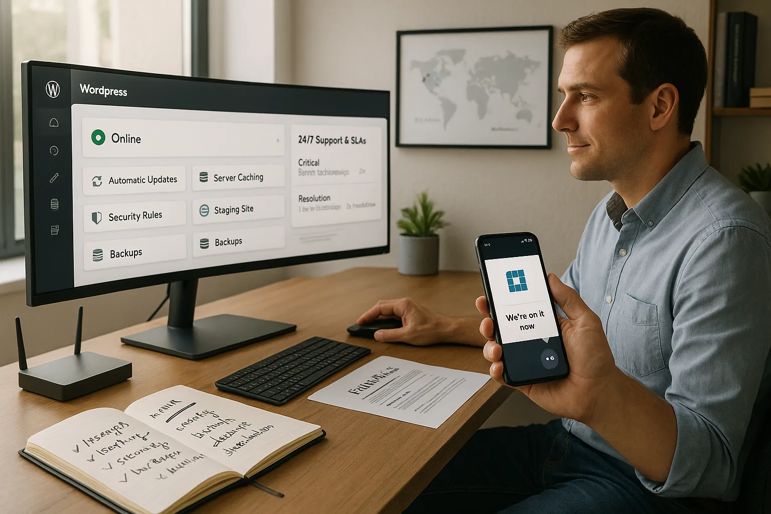Small-business owner using managed WordPress hosting dashboard with live support and security tools.