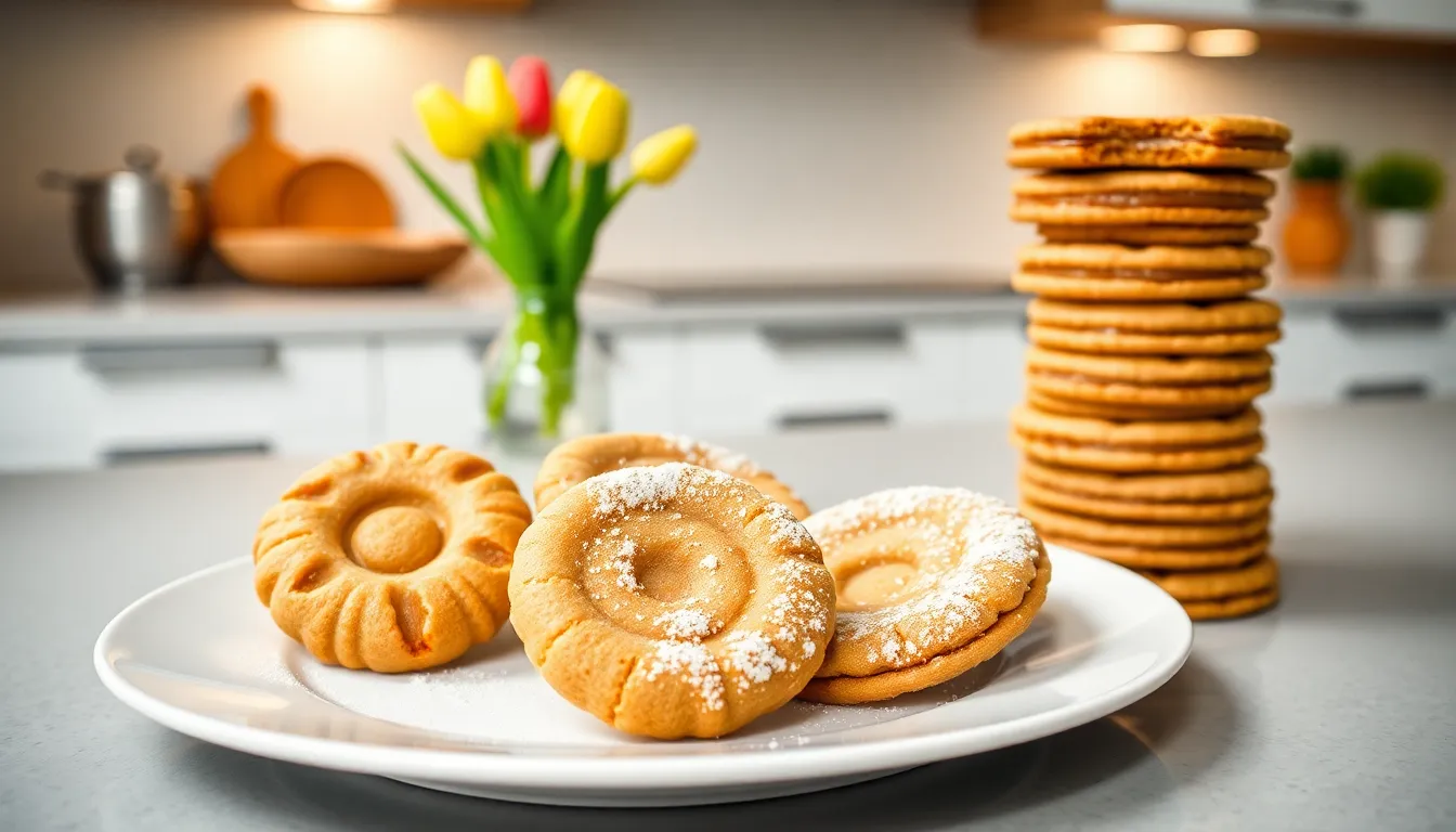 A variety of Dutch cookies on a modern kitchen counter.