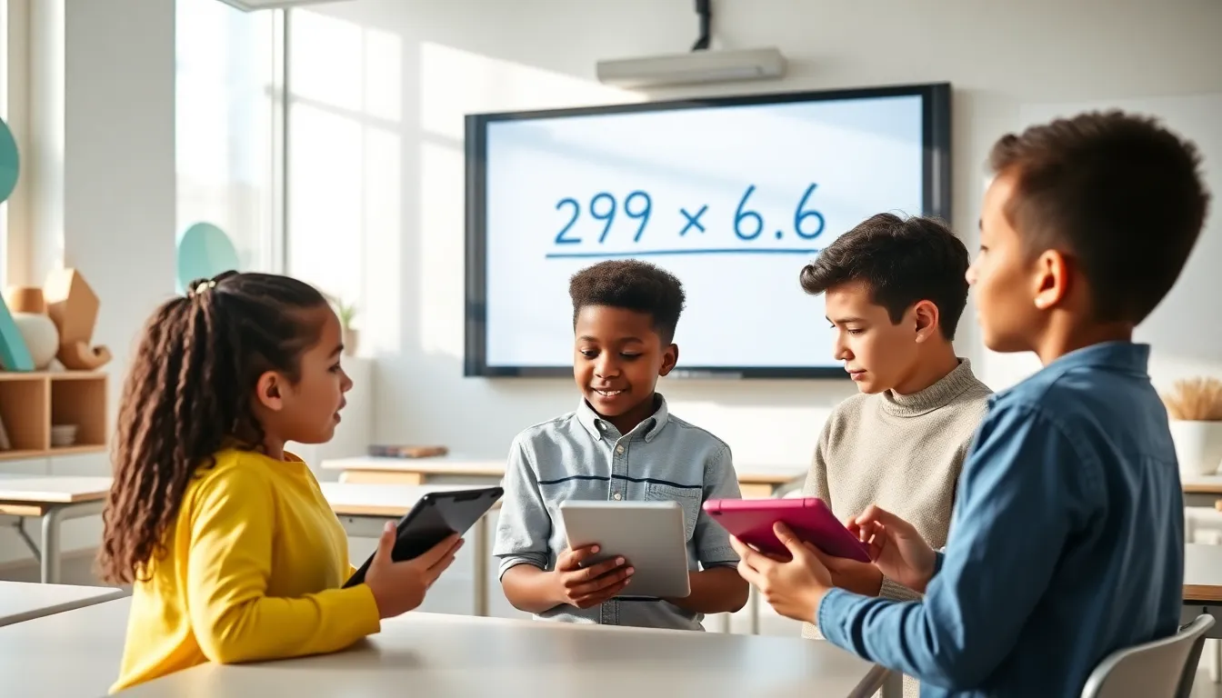 students discussing multiplication in a modern classroom.