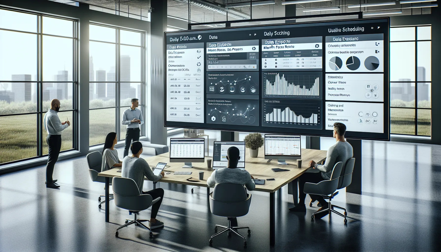 Team managing Tableau subscription schedules on dashboards in a modern office.