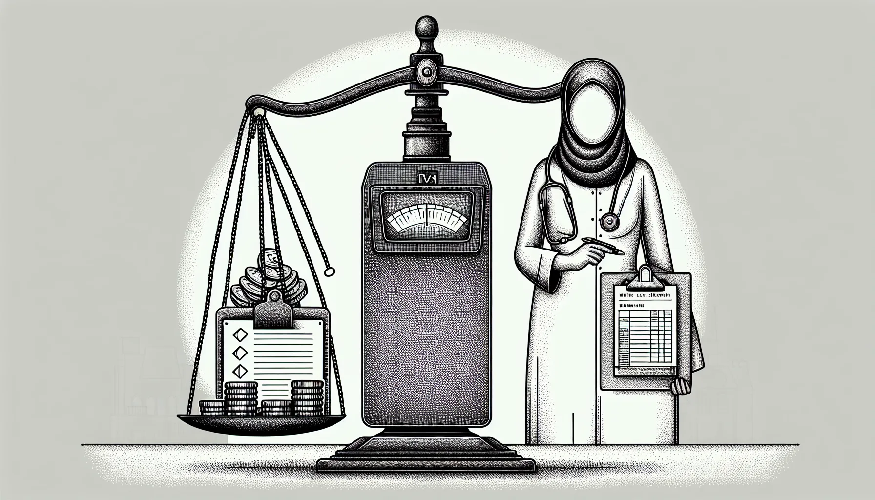 Line art of a physician beside a scale weighing bonus money against a withhold box.