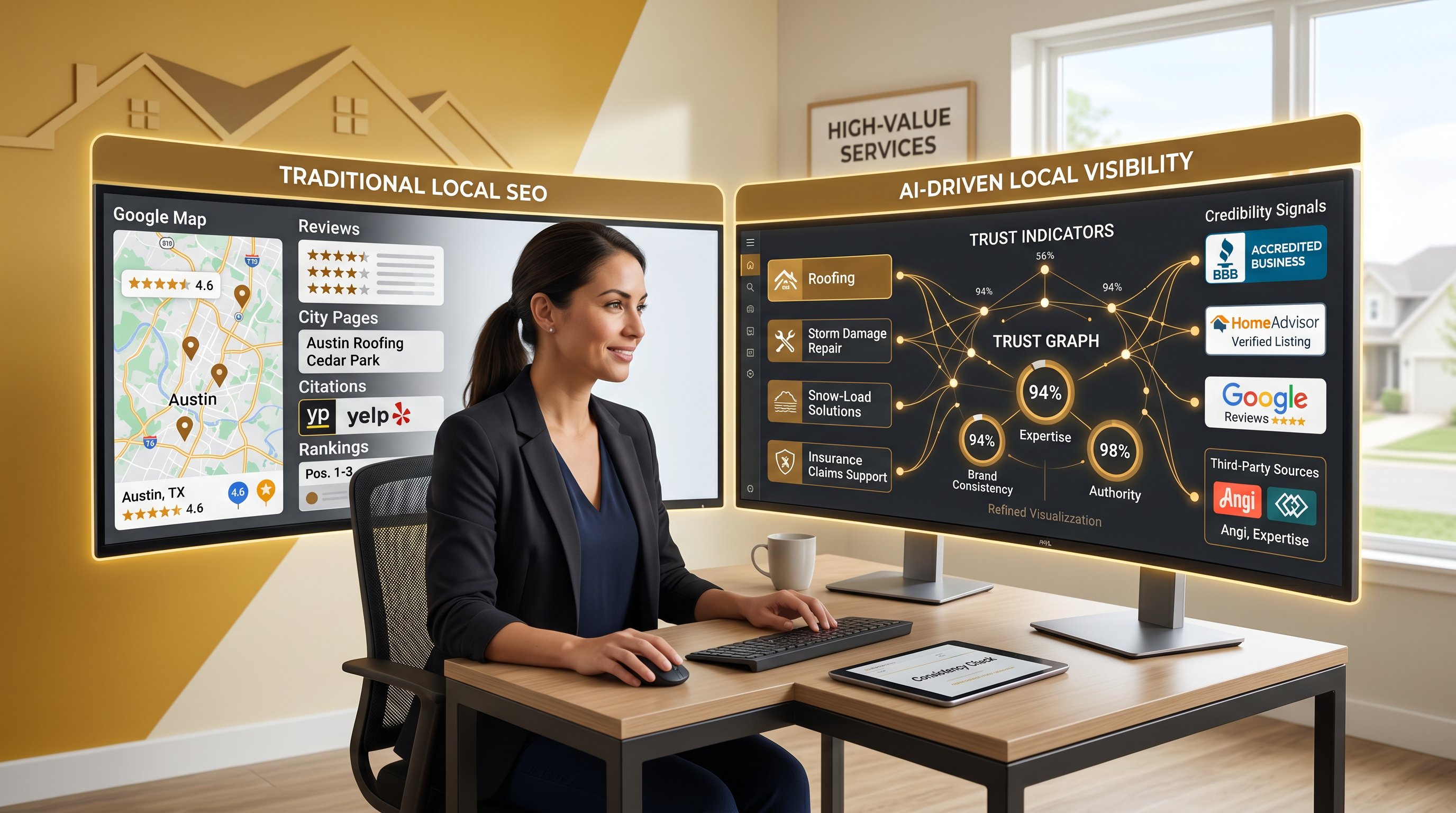Professional reviewing AI and local SEO trust signals for a roofing business.