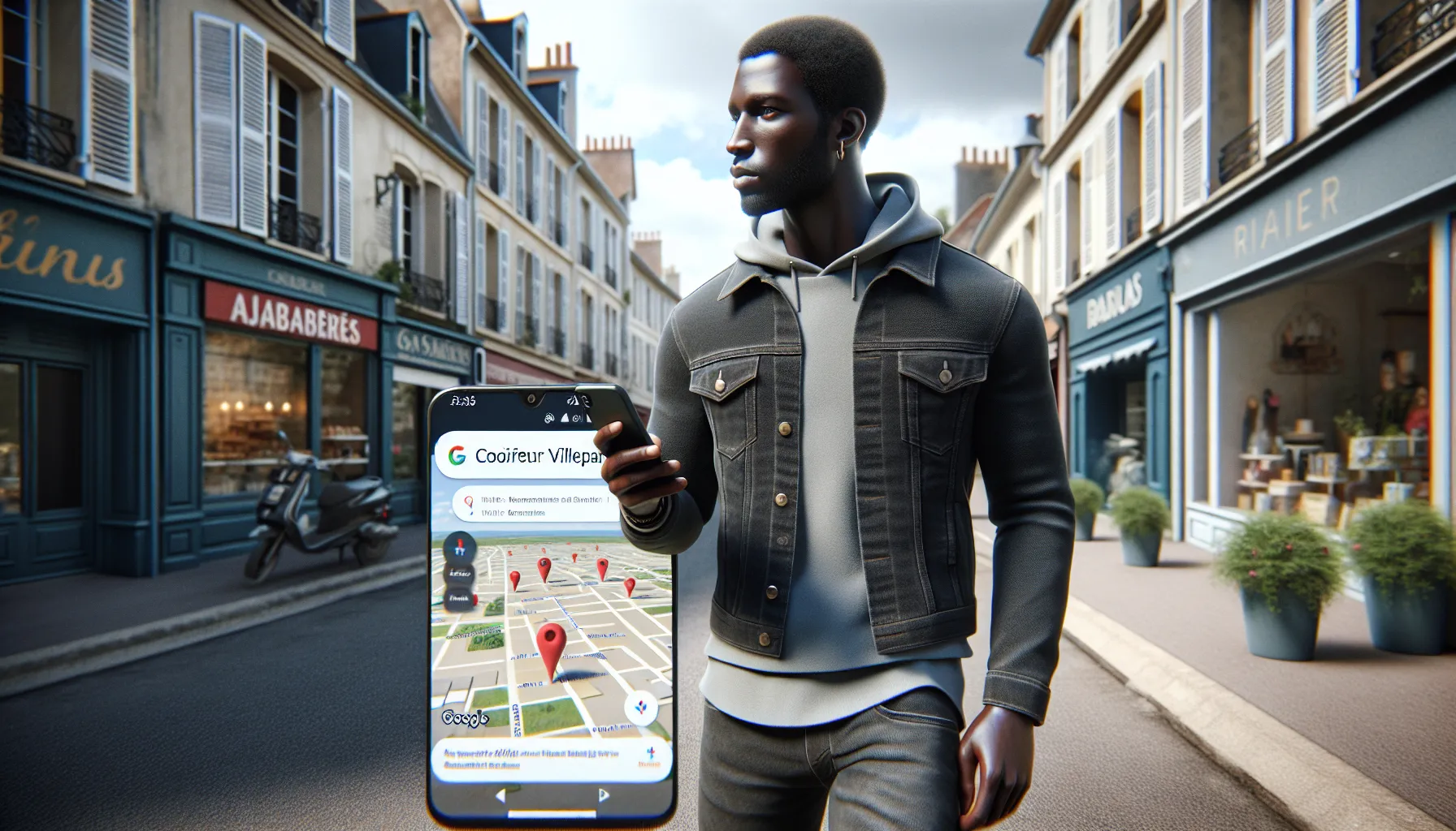 Person in Villeparisis choosing a local business on Google Maps on their phone.