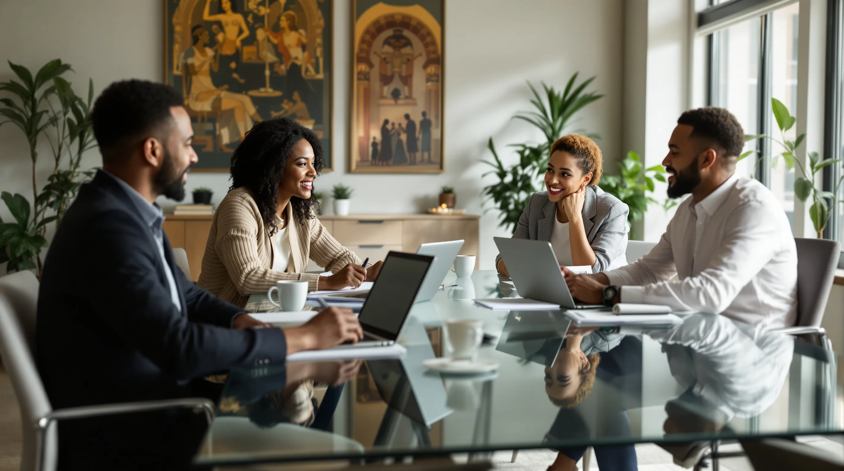 diverse professionals discussing cultural concepts in a modern conference room.