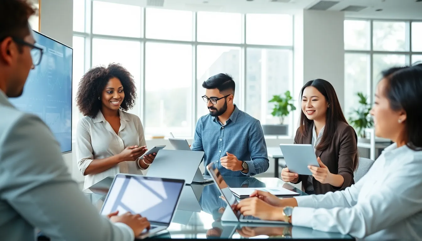 diverse team collaborating using Biszoxtall software in a modern office.